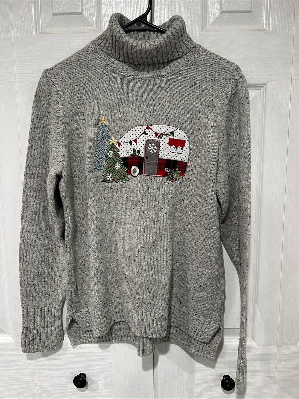 Christopher & Banks Gray Turtleneck Sweater with Festive Camper Embroidery